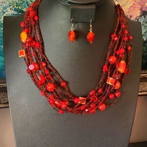 Esmor Lamp Work Red Glass/Wood Bead Multistrand Necklace Set, Stamped